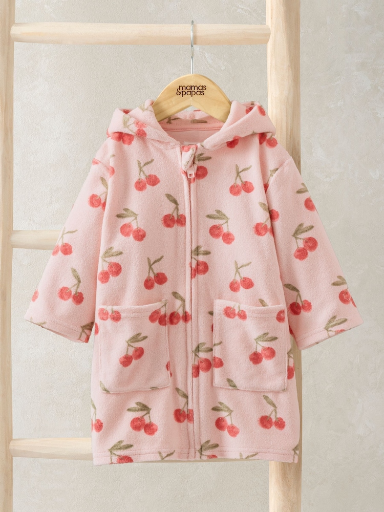 Mamas & Papas Pink Cherry Print Zip Towelling Poncho - Image 1 of 3