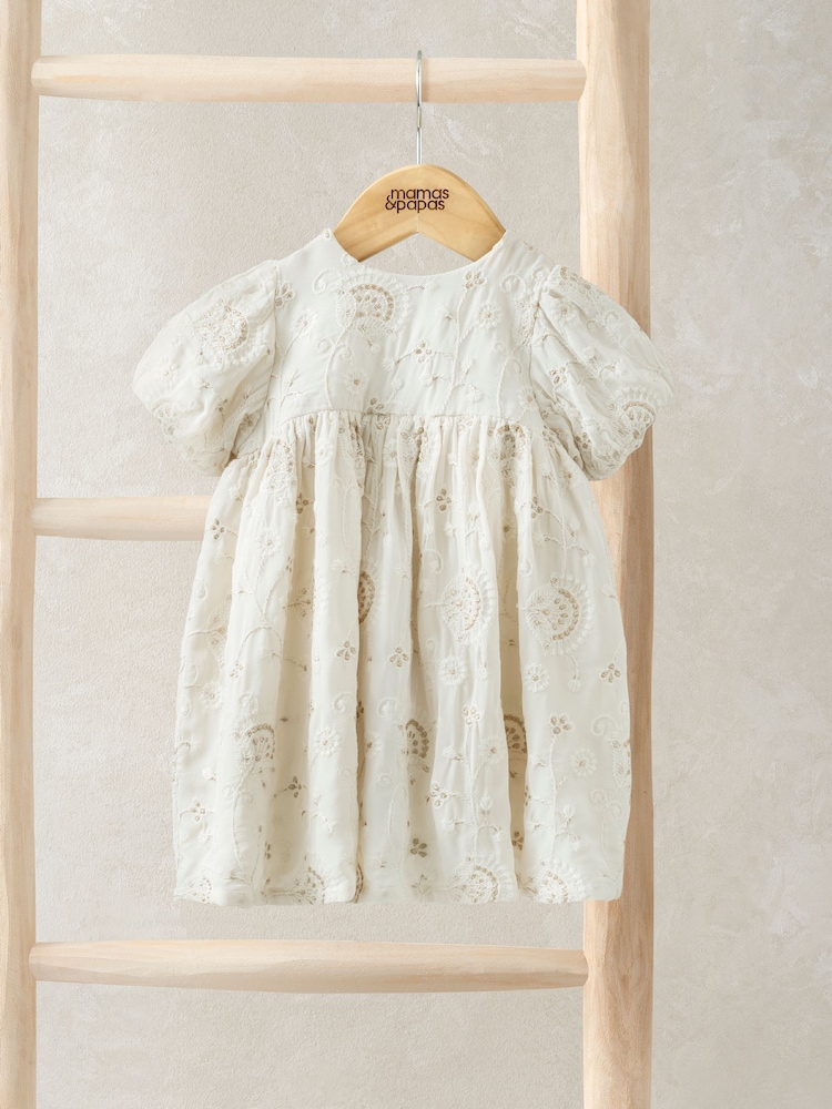 Mamas & Papas Cream Embroidered Puff Sleeve Dress - Image 1 of 3
