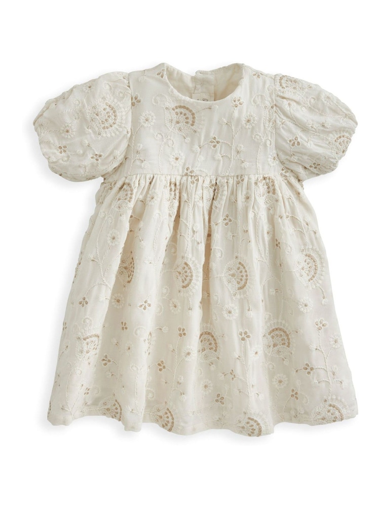 Mamas & Papas Cream Embroidered Puff Sleeve Dress - Image 2 of 3