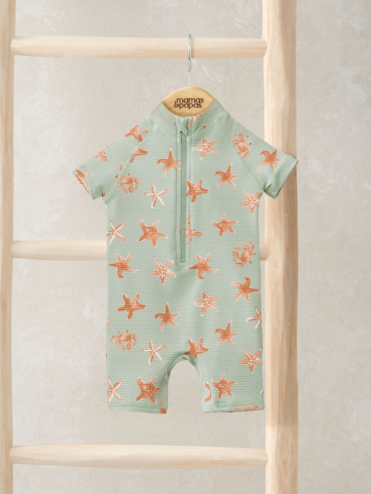 Mamas & Papas Green Star Fish Print Swimsuit - Image 1 of 3