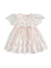 Mamas & Papas Pink 100% Cotton Lace Frill Sleeve Dress - Image 2 of 3