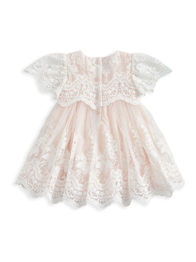 Mamas & Papas Pink 100% Cotton Lace Frill Sleeve Dress - Image 3 of 3