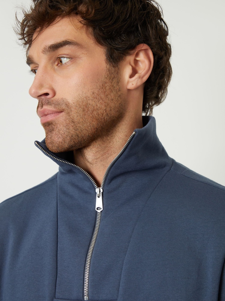 Threadbare Denim Blue Quarter Zip Funnel Neck Sweatshirt - Image 4 of 4