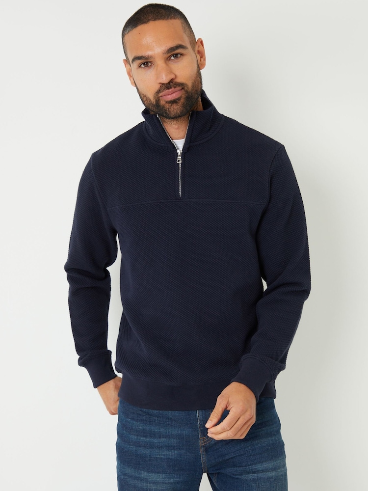 Threadbare Blue Textured Quarter Zip Sweatshirt - Image 1 of 4
