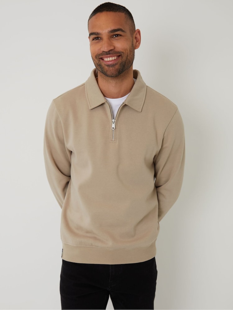 Threadbare Natural Quarter Zip Collared Sweatshirt - Image 1 of 4