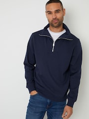 Threadbare Navy Quarter Zip Funnel Neck Sweatshirt - Image 1 of 4
