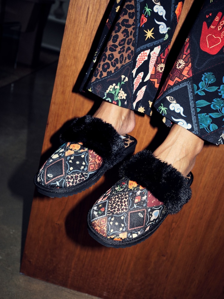 Never Fully Dressed Multi Black Quilted Faux Fur Lined Mule Slippers - Image 2 of 6