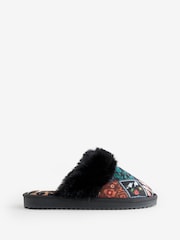 Never Fully Dressed Multi Black Quilted Faux Fur Lined Mule Slippers - Image 3 of 6