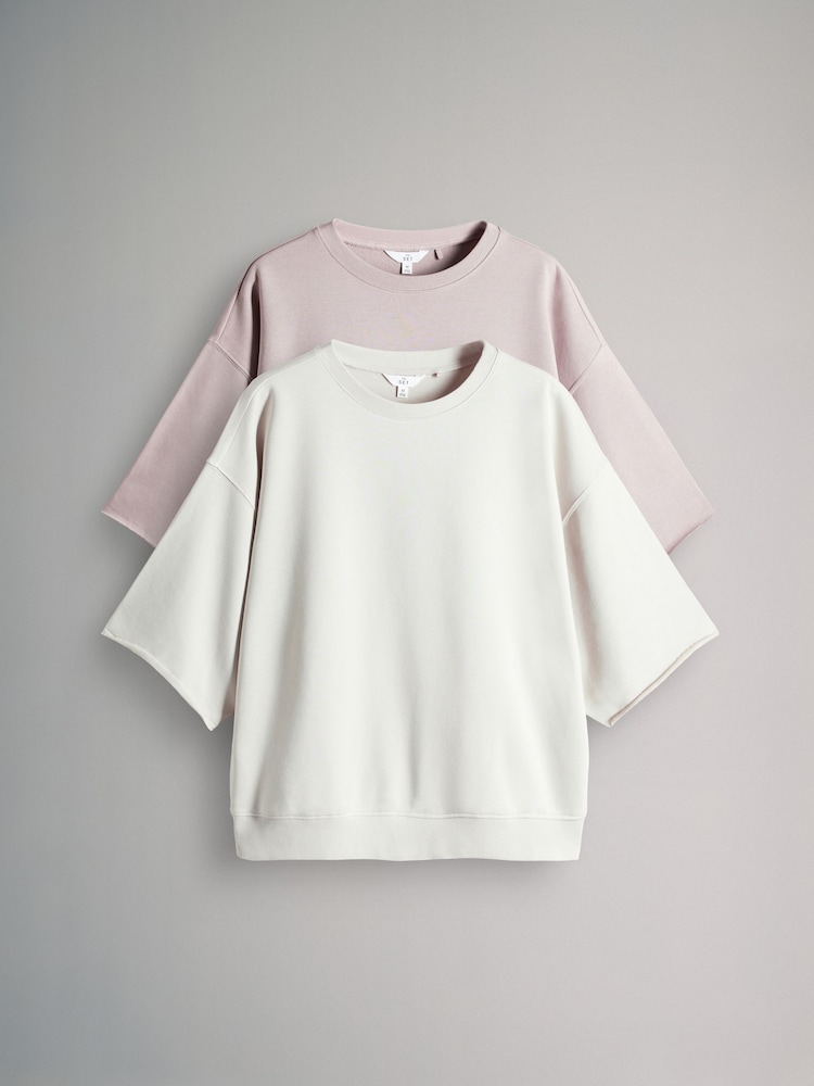 The Set Taupe/Cream 2 Pack Short Sleeved Loopback Short Sleeved Sweat Top - Image 2 of 14