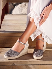 Linzi Silver Mystic Closed-Toe Wedges With Embroidery Detailing - Image 1 of 5