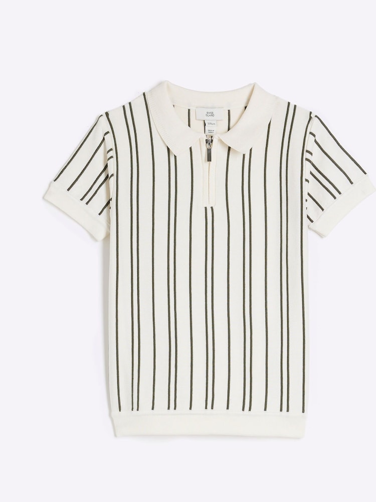 River Island Cream Boys Ecru Vertical Stripe 100% Cotton Polo Shirt - Image 1 of 4