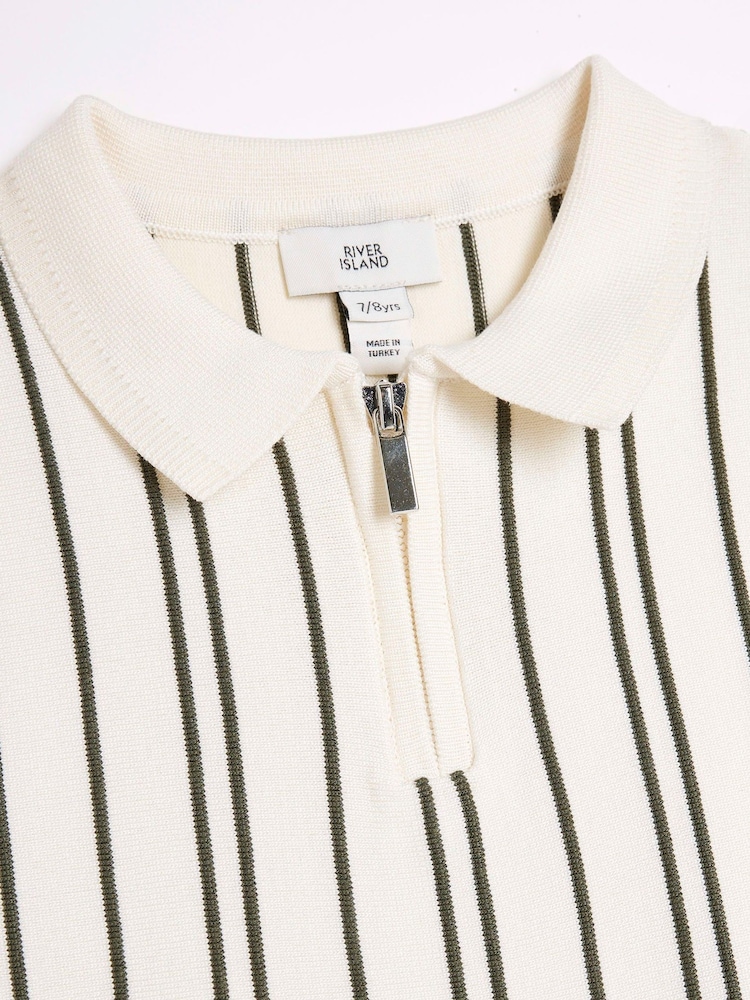 River Island Cream Boys Ecru Vertical Stripe 100% Cotton Polo Shirt - Image 3 of 4
