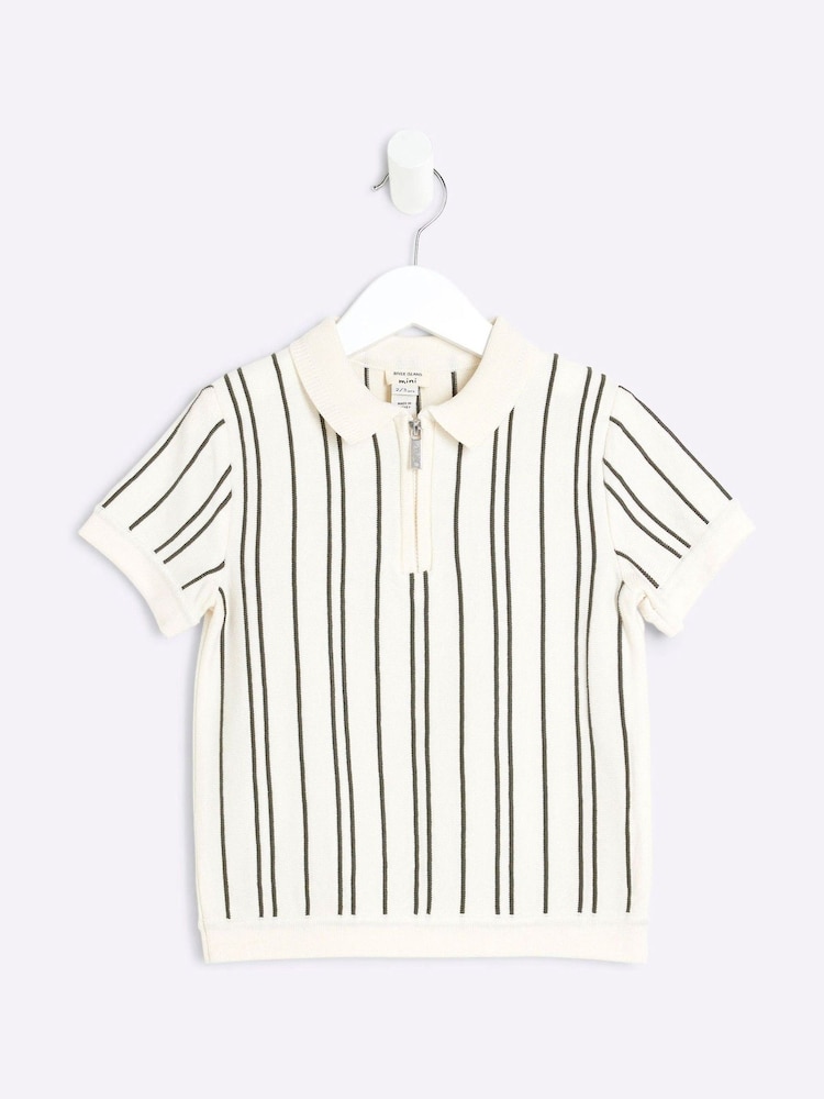 River Island Cream chrome Boys Ecru Vertical Stripe 100% Cotton Polo Shirt - Image 1 of 4 River Island Cream chrome Boys Ecru Vertical Stripe 100% Cotton Polo Shirt - Image 1 of 4