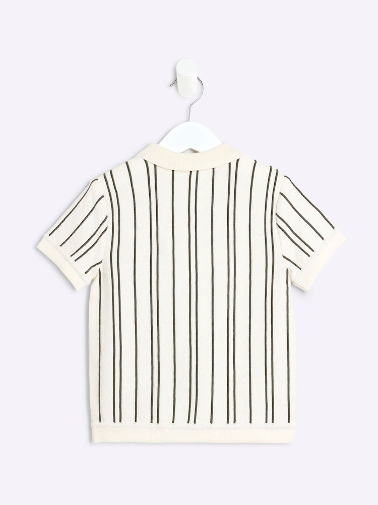 River Island Cream chrome Boys Ecru Vertical Stripe 100% Cotton Polo Shirt - Image 2 of 4 River Island Cream chrome Boys Ecru Vertical Stripe 100% Cotton Polo Shirt - Image 2 of 4