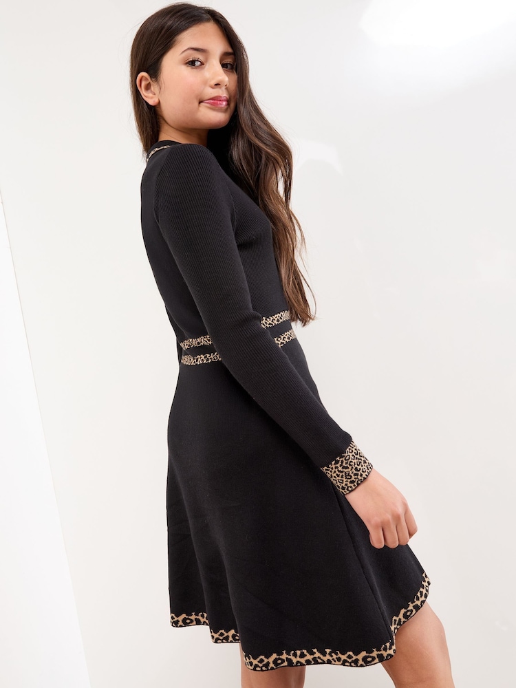 Lipsy Black/Animal Long Sleeve Knitted Shirt Dress (5-16yrs) - Image 4 of 4