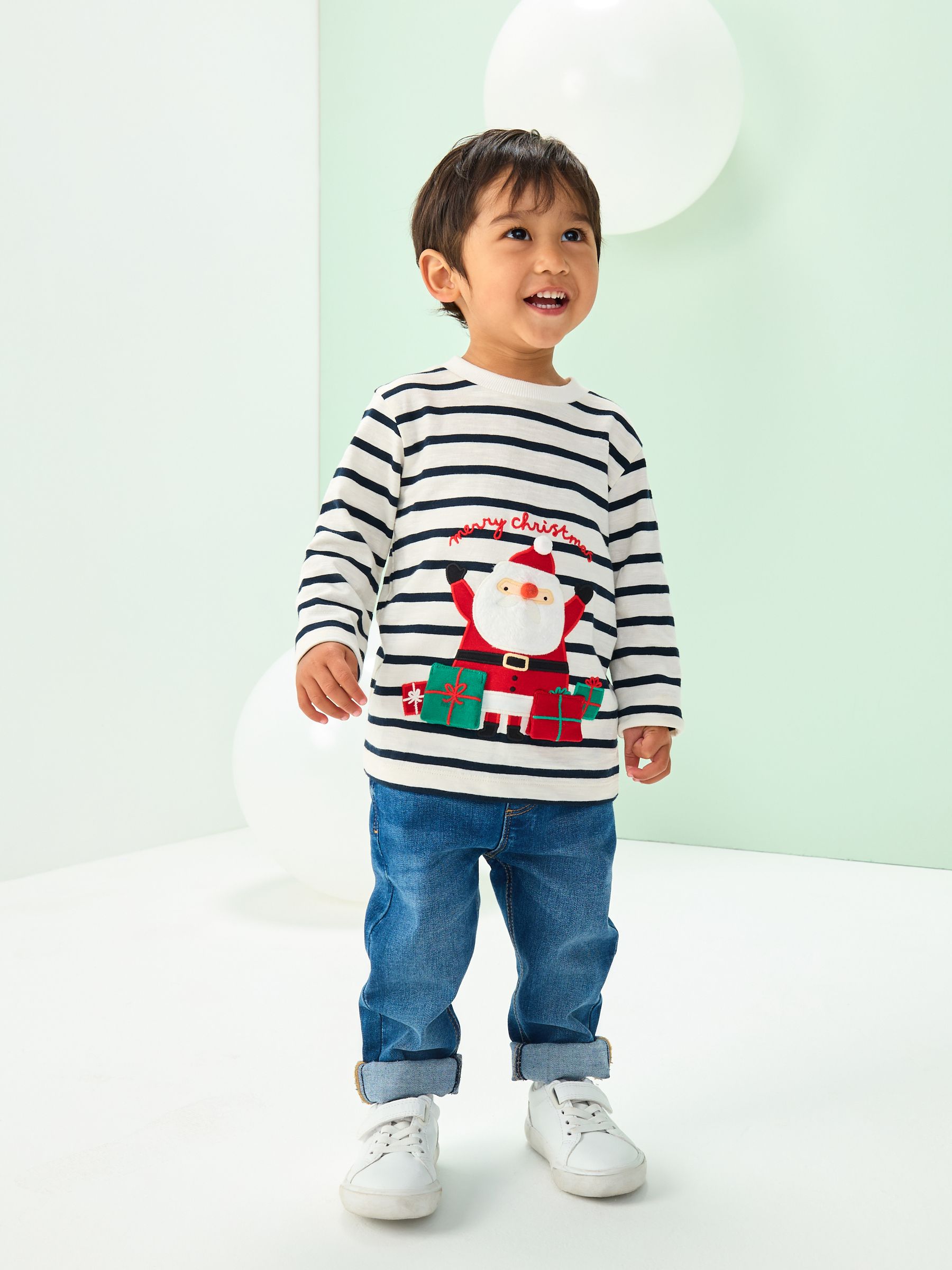 Buy White/Blue Santa Appliqué Christmas Long Sleeve T-Shirt (3mths