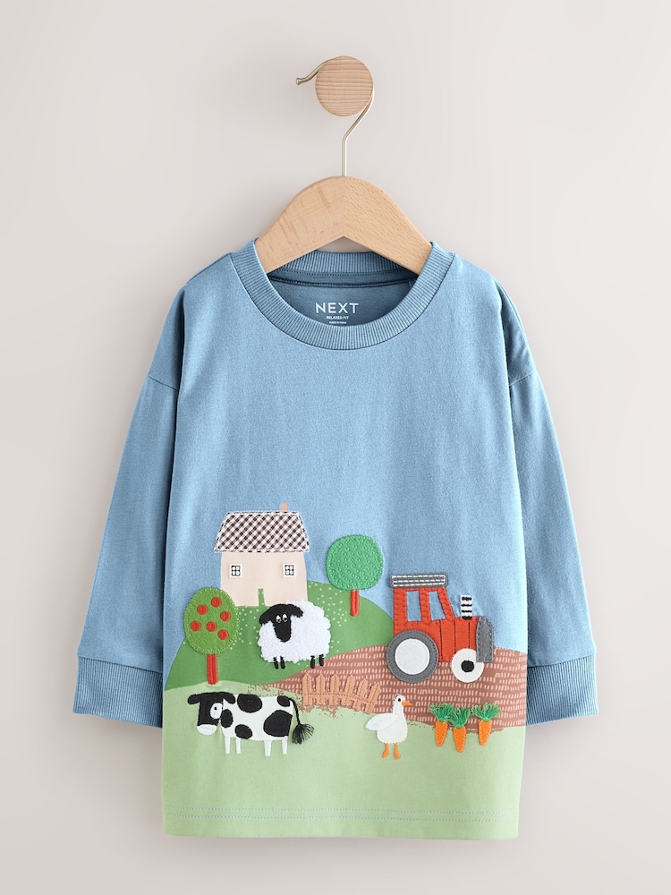 Green Farm Scene Long Sleeve Appliqué T-Shirt (3mths-7yrs) - Image 1 of 6