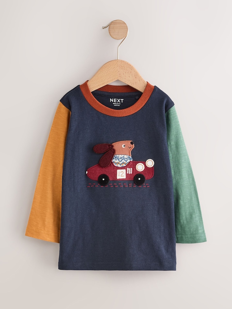 Navy Hotchpotch Dog Car Long Sleeve Appliqué T-Shirt (3mths-7yrs) - Image 1 of 6