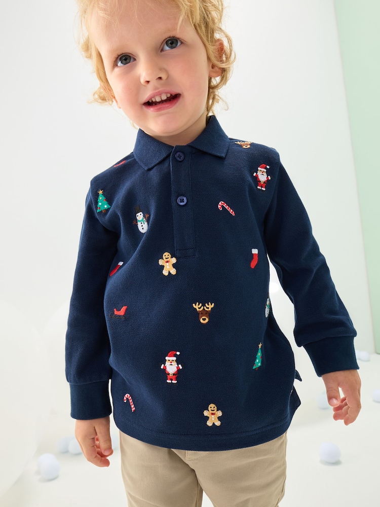 Navy Christmas All-Over Embroidered Long Sleeve Polo Shirt (3mths-7yrs) - Image 1 of 7