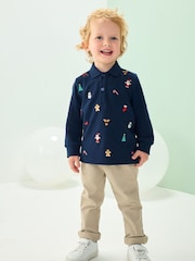 Navy Christmas All-Over Embroidered Long Sleeve Polo Shirt (3mths-7yrs) - Image 2 of 7
