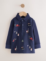 Navy Christmas All-Over Embroidered Long Sleeve Polo Shirt (3mths-7yrs) - Image 4 of 7
