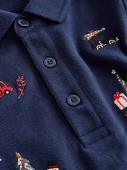 Navy Christmas All-Over Embroidered Long Sleeve Polo Shirt (3mths-7yrs) - Image 6 of 7
