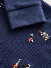 Navy Christmas All-Over Embroidered Long Sleeve Polo Shirt (3mths-7yrs) - Image 7 of 7