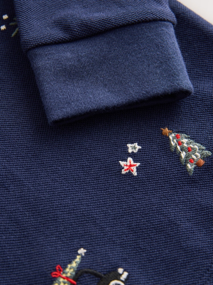Navy Christmas All-Over Embroidered Long Sleeve Polo Shirt (3mths-7yrs) - Image 7 of 7