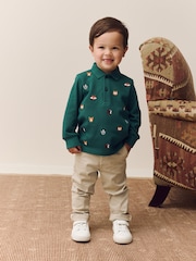 Green Woodland All-Over Embroidered Long Sleeve Polo Shirt (3mths-7yrs) - Image 1 of 7