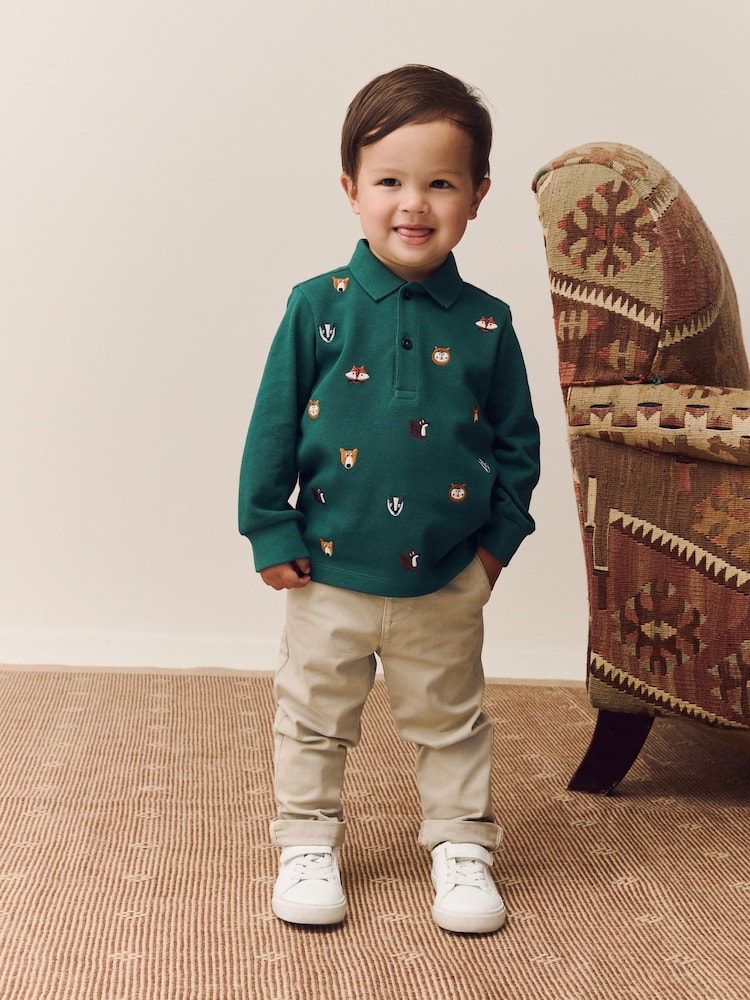 Green Woodland All-Over Embroidered Long Sleeve Polo Shirt (3mths-7yrs) - Image 1 of 7