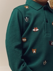 Green Woodland All-Over Embroidered Long Sleeve Polo Shirt (3mths-7yrs) - Image 3 of 7