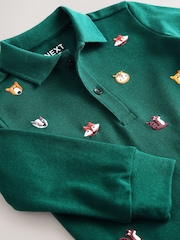 Green Woodland All-Over Embroidered Long Sleeve Polo Shirt (3mths-7yrs) - Image 7 of 7
