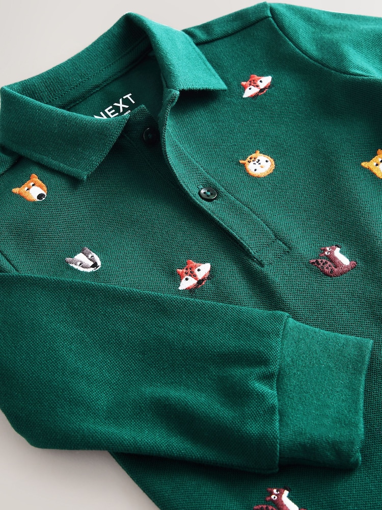 Green Woodland All-Over Embroidered Long Sleeve Polo Shirt (3mths-7yrs) - Image 7 of 7