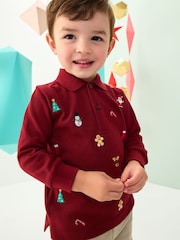 Berry Red Christmas All-Over Embroidered Long Sleeve Polo Shirt (3mths-7yrs) - Image 1 of 3