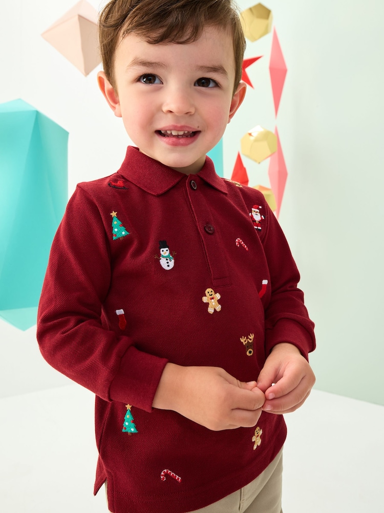 Berry Red Christmas All-Over Embroidered Long Sleeve Polo Shirt (3mths-7yrs) - Image 1 of 3