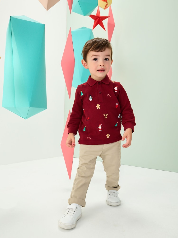 Berry Red Christmas All-Over Embroidered Long Sleeve Polo Shirt (3mths-7yrs) - Image 2 of 3