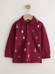 Berry Red Christmas All-Over Embroidered Long Sleeve Polo Shirt (3mths-7yrs) - Image 4 of 7