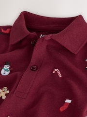 Berry Red Christmas All-Over Embroidered Long Sleeve Polo Shirt (3mths-7yrs) - Image 6 of 7