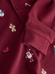 Berry Red Christmas All-Over Embroidered Long Sleeve Polo Shirt (3mths-7yrs) - Image 7 of 7