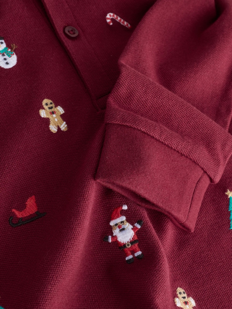 Berry Red Christmas All-Over Embroidered Long Sleeve Polo Shirt (3mths-7yrs) - Image 7 of 7