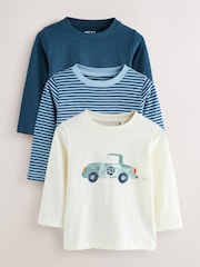 Blue Watercolour Car Long Sleeve Animal Print Character T-Shirts 3 Pack (3mths-7yrs) - Image 1 of 7