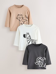 Tan/White/Black Safari Long Sleeve Graphic Print T-Shirts 3 Pack (3mths-7yrs) - Image 1 of 7