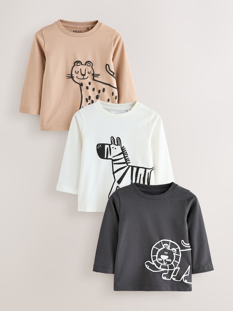 Tan/White/Black Safari Long Sleeve Graphic Print T-Shirts 3 Pack (3mths-7yrs) - Image 1 of 7