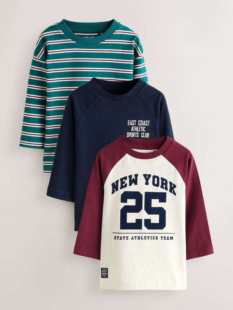 Navy Varsity Long Sleeve Graphic Print T-Shirts 3 Pack (3mths-7yrs) - Image 1 of 7