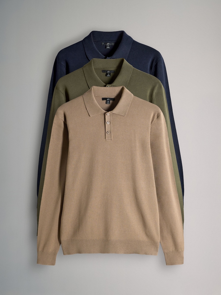 The Set Multicolour 3 Pack Long Sleeve Knitted Polo Jumpers - Image 2 of 11