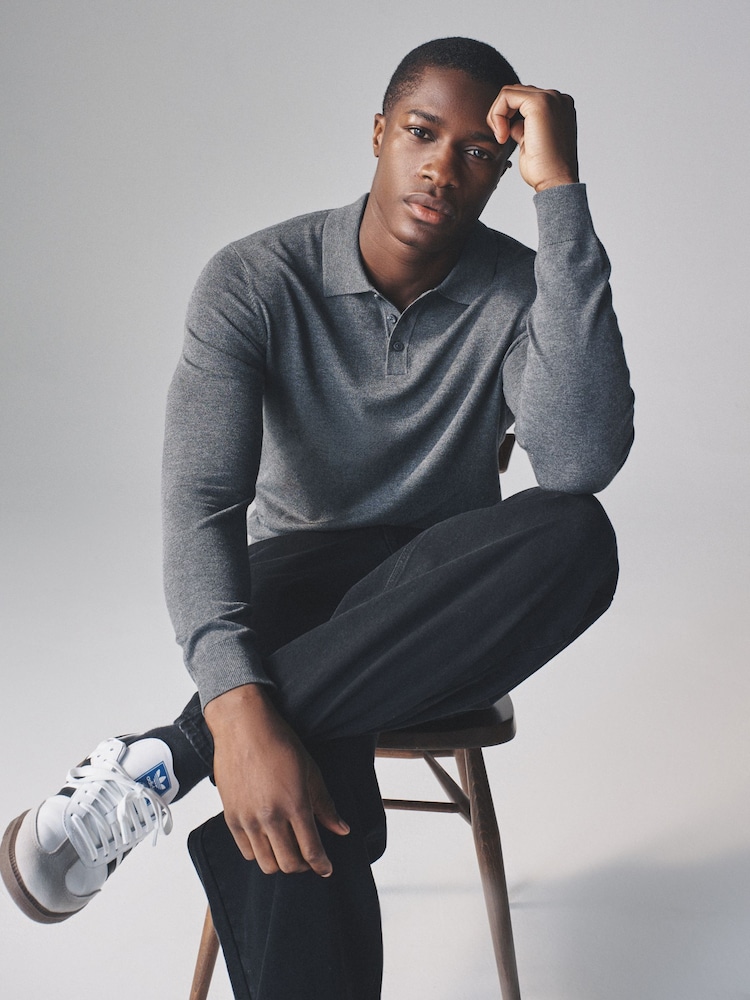 The Set Black / Dark Charcoal / Taupe marl 3 Pack Long Sleeve Knitted Polo Jumpers - Image 1 of 13