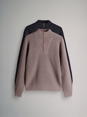 The Set Brown/Navy Blue 2 Pack Quarter Zip Neck Jumpers with Wool - Image 2 of 9