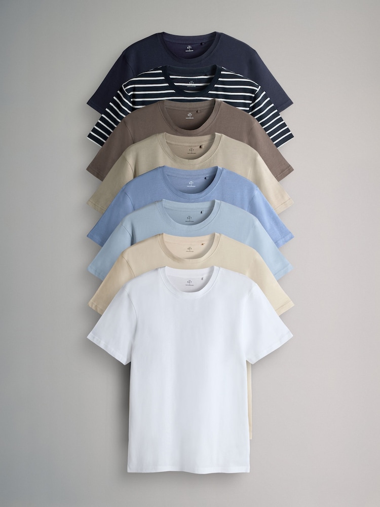The Set Navy / Stripe / Light Stone / Powder Blue / Taupe 8 Pack Regular Short Sleeve T-Shirts - Image 1 of 11 The Set Navy / Stripe / Light Stone / Powder Blue / Taupe 8 Pack Regular Short Sleeve T-Shirts - Image 1 of 11