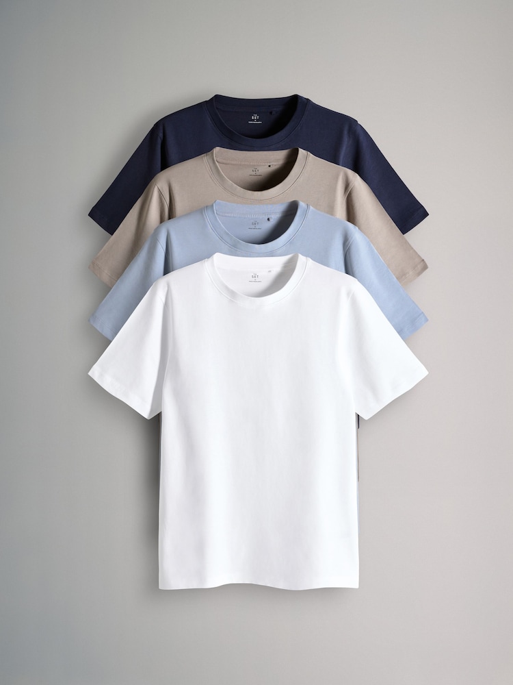The Set Navy/Chocolate Brown/Stone/Powder Blue 4 Pack Slim Short Sleeve T-Shirts - Image 1 of 7