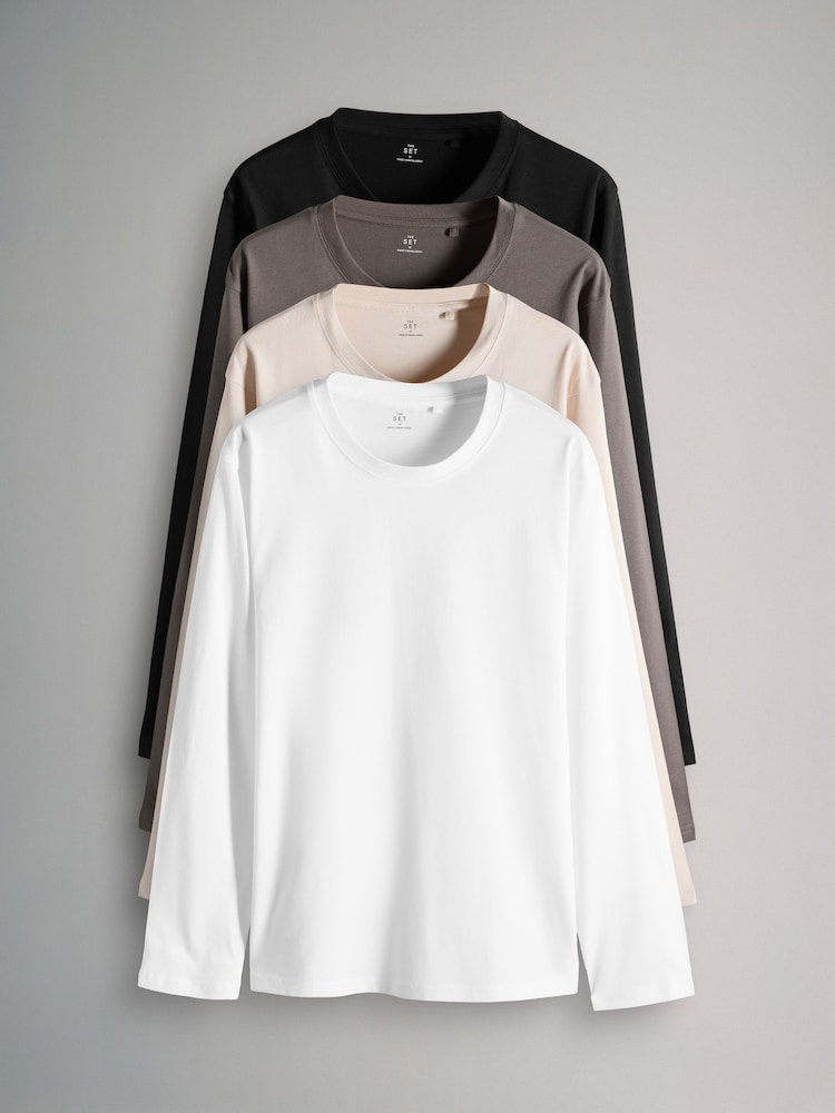 The Set Black/Taupe Brown/Warm Stone/White Regular Long Sleeve T-Shirts 4 Pack - Image 1 of 7